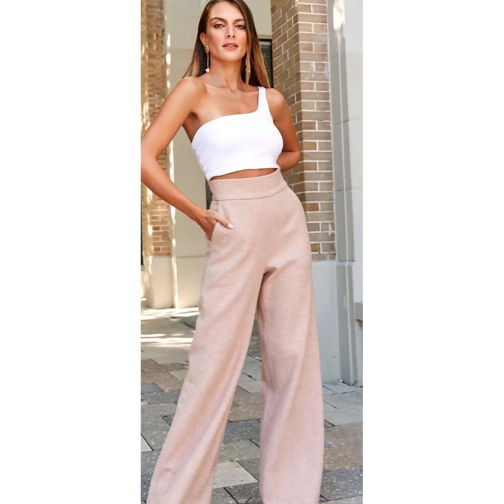 ADIBA Jacquard Rose Pink Flared Pants Medium 100% Wool High Rise Quiet Luxury
